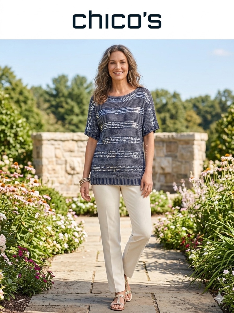 Chico's Navy & Gray Sequin Striped Open-Knit Pullover